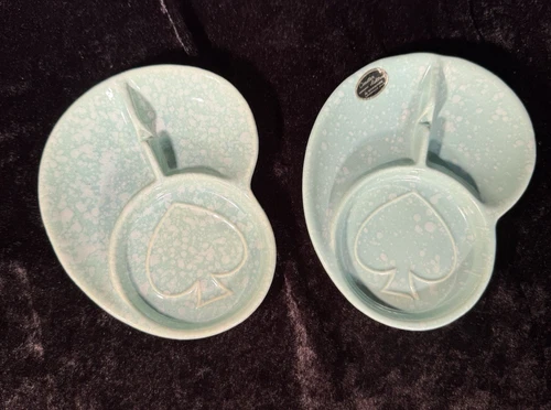 Vintage Shawnee Pottery Speckled Turquoise Coaster Ashtray Set Of Spades
