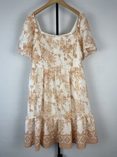Blu Pepper White Orange Cottage Core Antique Floral Mini Puff Sleeve Dress Sz L