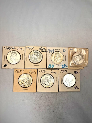 7 FRANKLIN HALF DOLLAR 90% SILVER SCARCE DATE AU+ COINS