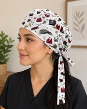 Women&rsquo;s Medical Cotton Bouffant Tie-Back Scrub Cap Floral White/Red/Black