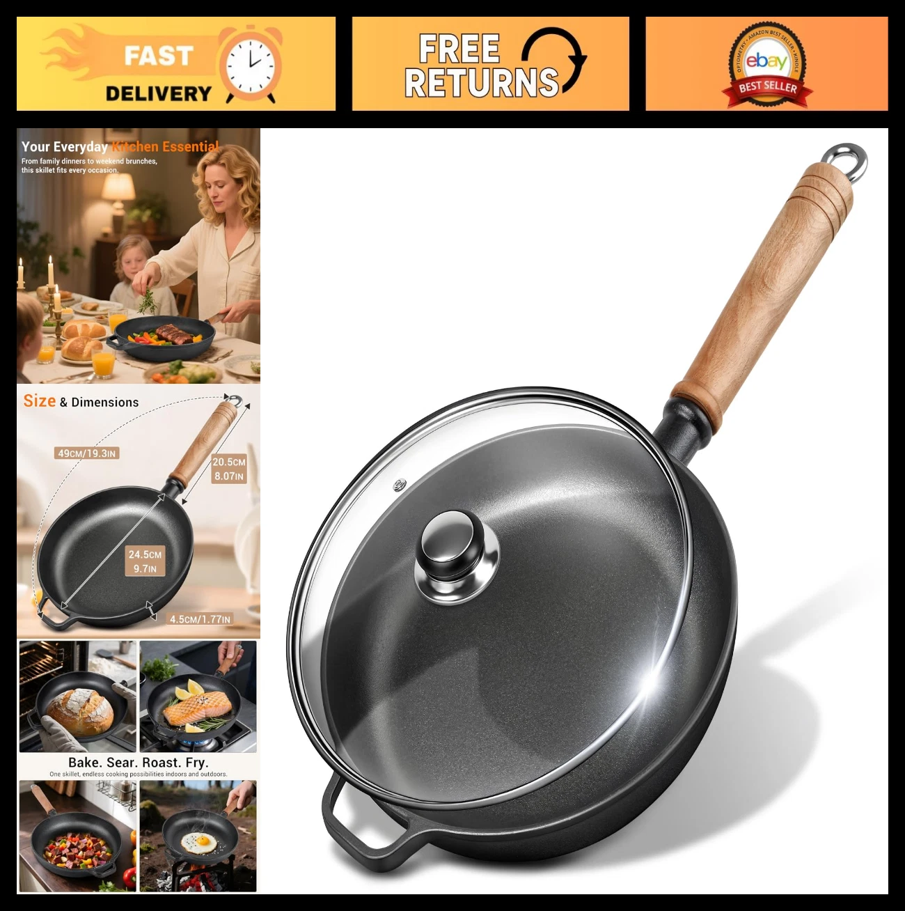 9.7" Pre-Seasoned Cast Iron Skillet with Lid & Removable Handle for Versatile Co