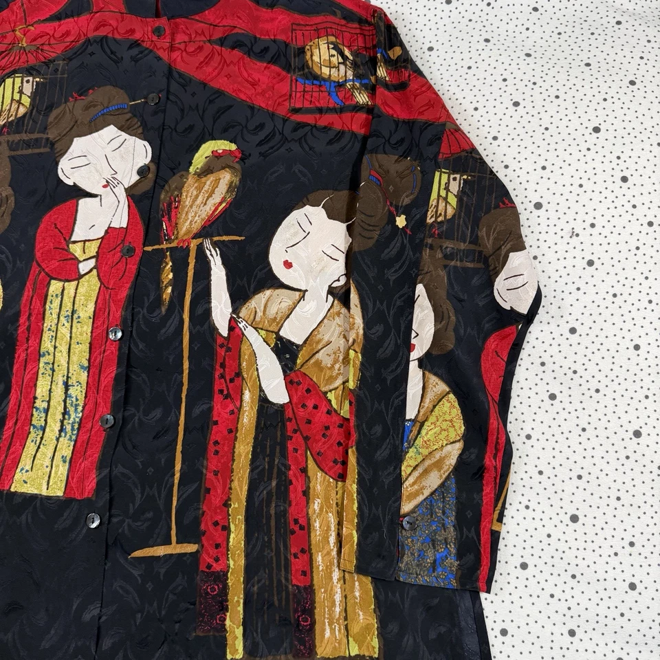 Blusa de seda con diseño Chico’s vintage de los años 90 para mujer 2 negro rojo impresión artística asiática Foto 2 de 4
