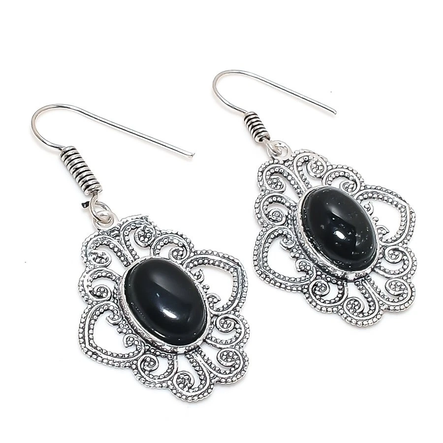 Orecchini pendenti gioielli goccia moda pietra preziosa forma ovale onice ner... - Immagine 2 di 4