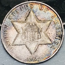 1861 Three Cent Silver Piece Trime 3c Type 3 CIVIL WAR DATE US Coin CC28612