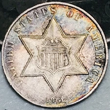 1861 Three Cent Silver Piece Trime 3c Type 3 CIVIL WAR DATE US Coin CC28612