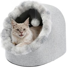 Indoor Cat Bed Cave SemiEnclosed House Warm Plush Tent Washable Cushion L