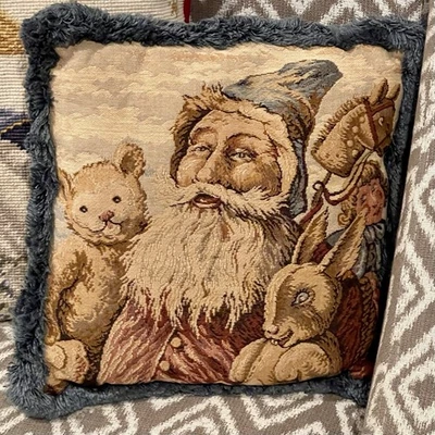 Christmas Tapestry Santa Fringe Pillow Old World Style Velvet Back 11” Toys VTG - Image 1 of 4