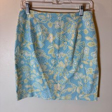 Talbots Petites Sea Turtle Mosaic Pencil Skirt Blue Green White Size 8P USA Made