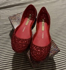 New Mini Melissa Red Glitter Campana Ballet Flats Big Kids Size 2
