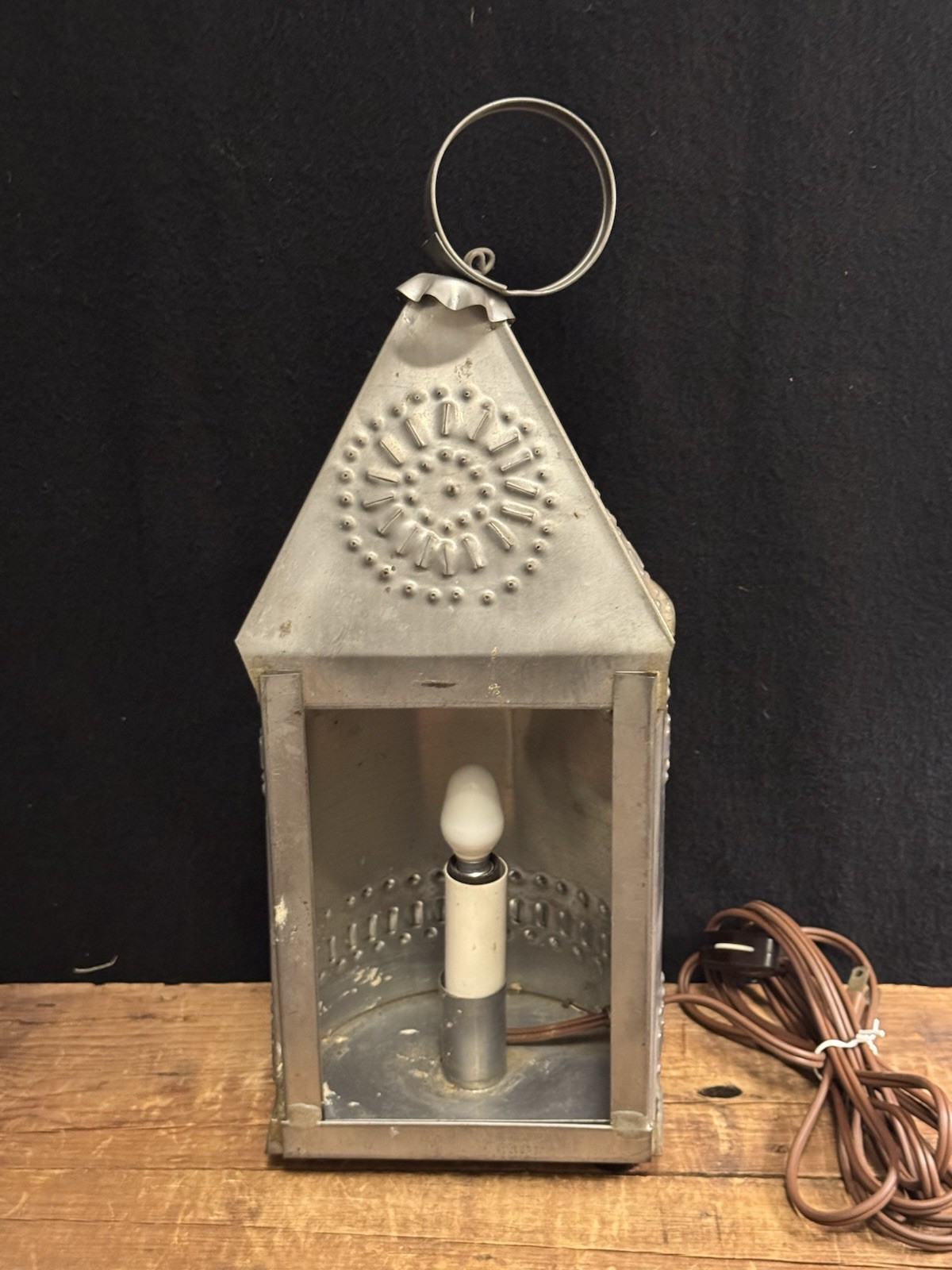 Vintage Punched Tin Lantern Candle Sconce Primitive Electric Lamp 14.5”