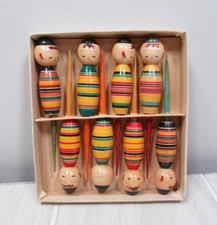 Kokeshi doll set of vintage cocktail drink picks cheese small wooden barware