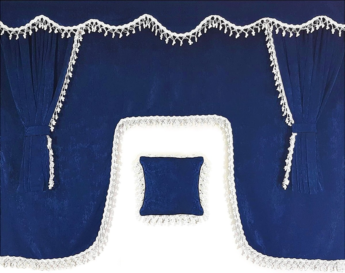 Truck Curtains Ardillion Black Plush Velvet With White Tassels - Set Of 3 For Scania R/S/P/G/L Models (2004-2018) Scania Truck Plush Curtains