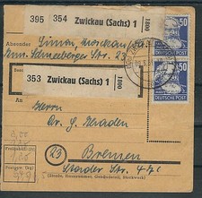 SBZ/DDR Herrliche MiF mit Mi.Nr. 219/224 u. DDR 253 auf Paketkarte ab Zwickau