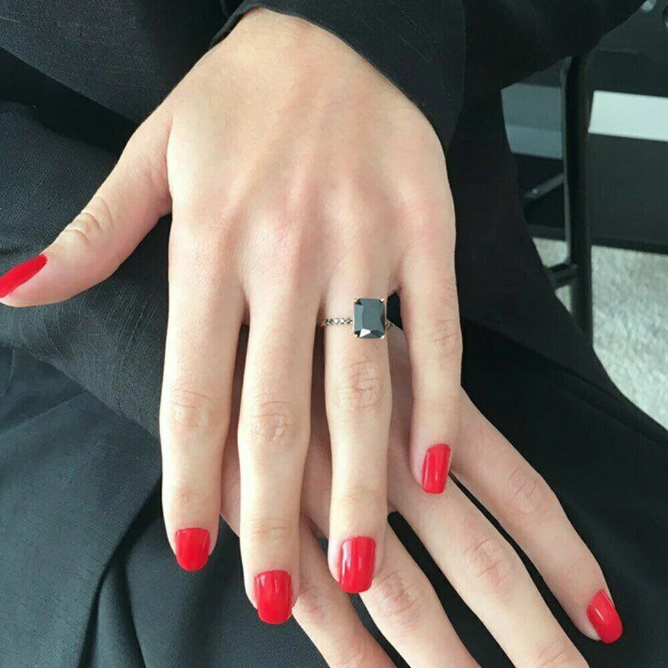 3Ct Emerald Cut Black Diamond Solitaire Lab Created Ring 14k Yellow Gold Plated - Image 3 of 4