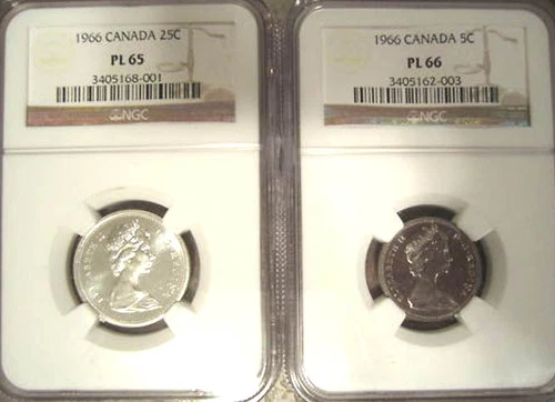 1 BID FOR 2 NGC PL66 & PL65 CANADA 1966 25c & 5c HIGHLY REFLECTIVE BLINDING SET