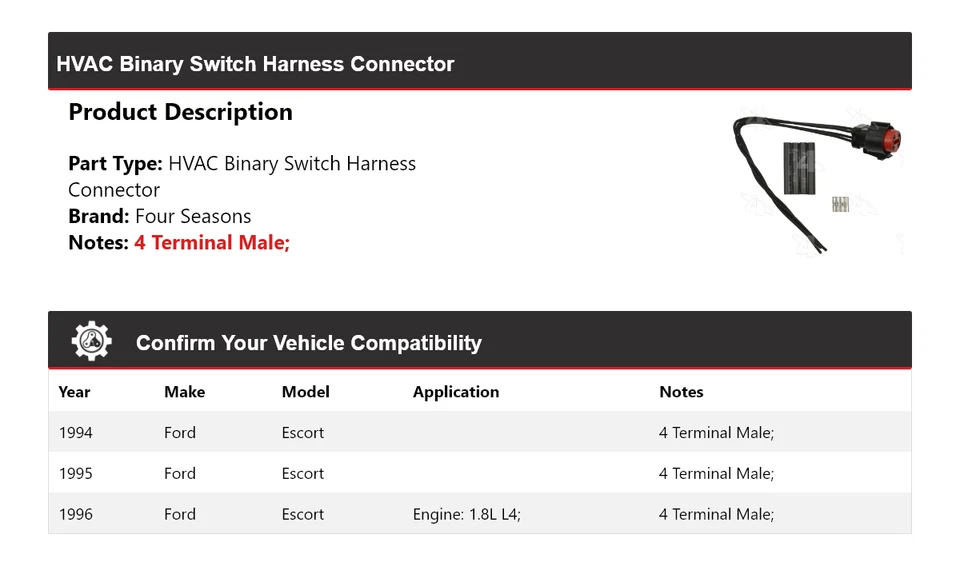 Conector de arnés interruptor binario HVAC Ford Escort 1994-1996 4 estaciones 1995 Foto 2 de 4