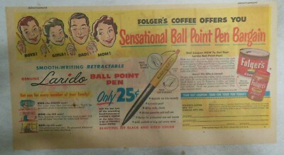 Folger's Coffee Ad: Larido Pen Premium  ! from 1950's 7.5 x 15 Inch