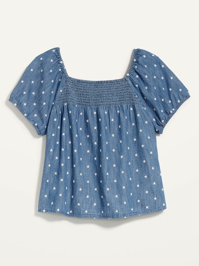 Old Navy SmockedYoke FloralEmbroidered Chambray Top… Gem