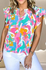 Women's Blouse - Ruffled Printed Notched Cap Sleeve Blouse