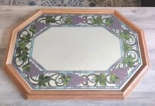 Vintage 1998 HEAD WEST Octagon Oak Mirror Stained Glass Style Grapevine Trim 31”