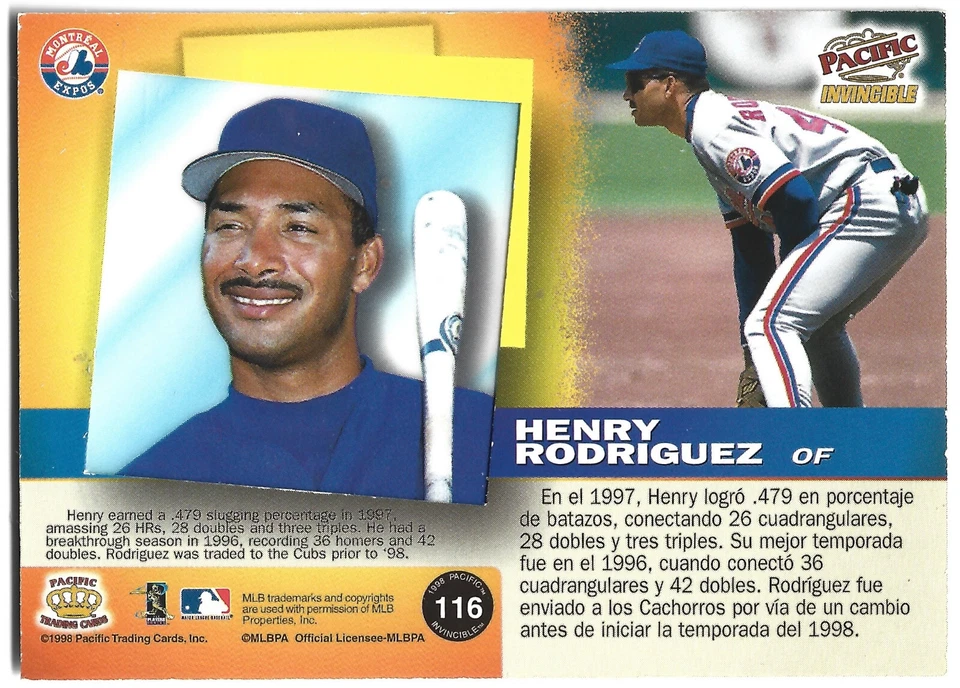 1998 Pacific Invincible - Platinum Blue - Henry Rodriguez - #116 - Expos - NrMt - Image 4 of 4