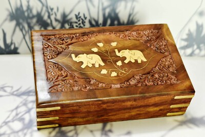 Handgravierte Intarsien Messing Holzkiste Andenken Schmuck Organizer & Aufbew...