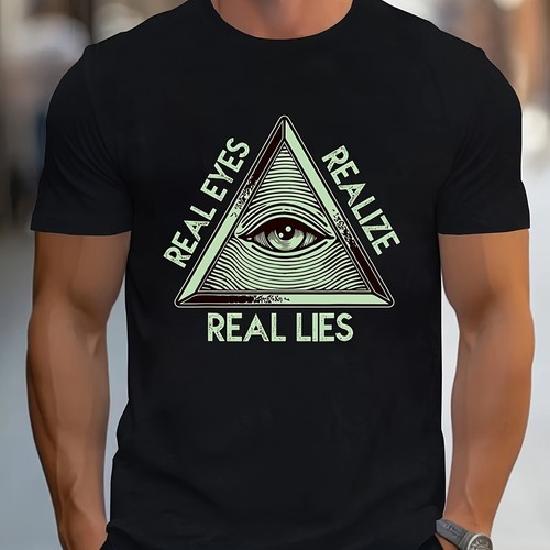 T-shirt uomo modello occhi e triangolo e stampa lettere REALEYES REALZE REALLIES - Foto 7 di 7
