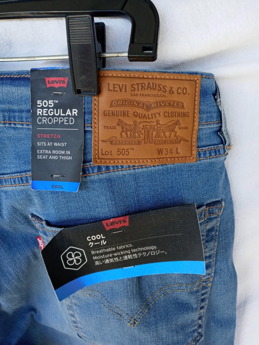 LEVI’s 505 Regular Cropped Jeans Mens Stretch Denim 34x20 Cool Eco  Performance
