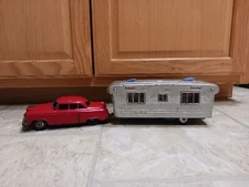 Red Cadillac Car with Travel Trailer Camper SSS Toys Made in Japan Tin