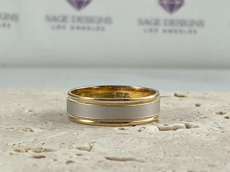 Mens Size 12 Wedding Band 14K Yellow White Gold Ring 6MM Brushed Satin Beaded - Image 4 of 4