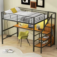 Full Size Metal Loft Bed with Desk,Storage Staircase,Small Wardrobe & LED Light 