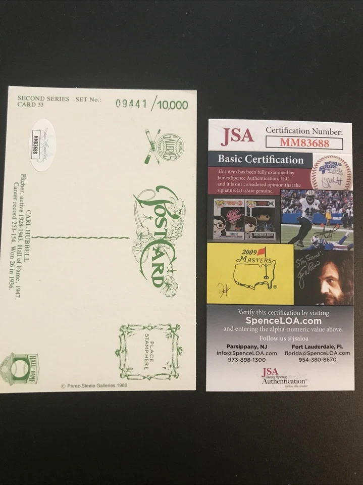 Carl Hubbell SIGNED PEREZ STEELE JSA POSTCARD New York Giants HOF MINT Auto! - Image 2 of 3