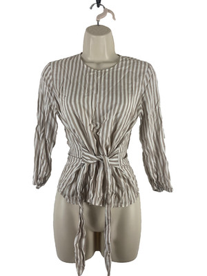 Stradivarius women's top Small beige white belted round neck long sleeve cotton 