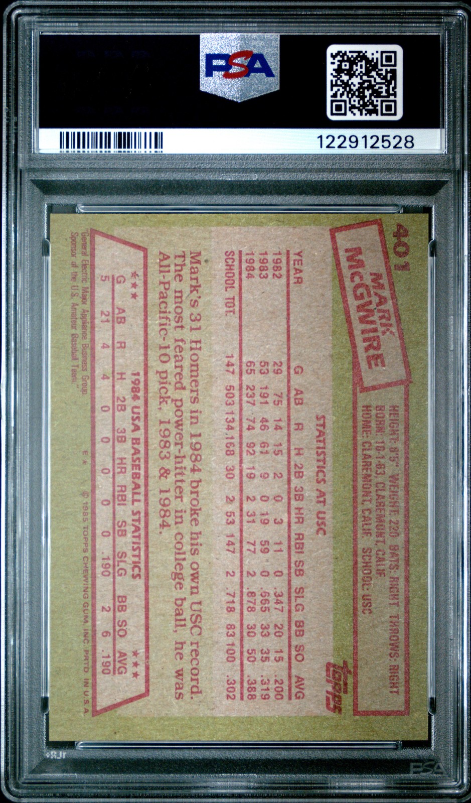 1985 Topps #401 Mark Mcgwire 1984 Usa Baseball Team PSA 9 view 2