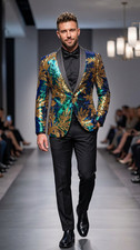 Sequin Men Satin Black Collar Blazer - S/M