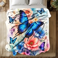 Blue Butterfly Floral Coral Fleece Blanket