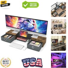 Spacious Wooden Dual Monitor Riser with 2 Storage Drawers for Desk Organization