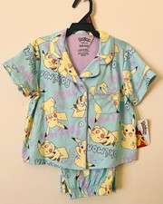 Pikachu Pok mon Kids Pajama Pants Set - Mint Glitter Buttons Sz 6/6X
