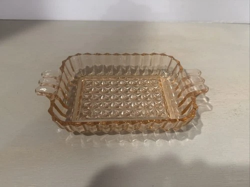 Jeannette Pink Depression Glass Rectangular Dish w/ Handles Diamond Pattern 7.5”