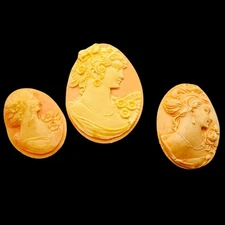 Set of 3 Vintage Cameo Girl Hat Pins 9” Beaded Shank