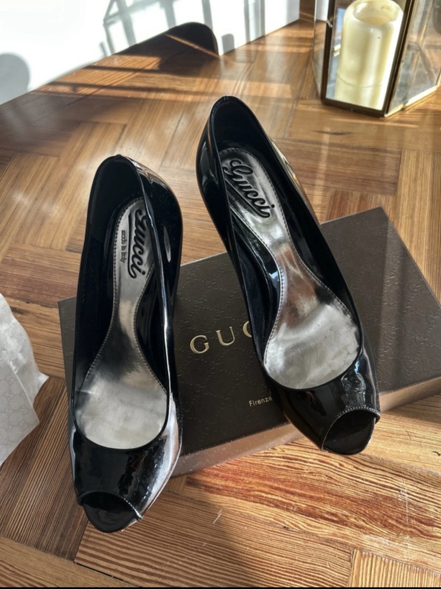 GUCCI Black Patent Leather Peep Toe High Bamboo Heel Platform