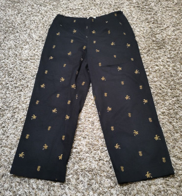 Island Republic Pants Women 10 Black Floral Palm Tree Pineapple Cropped Side Zip