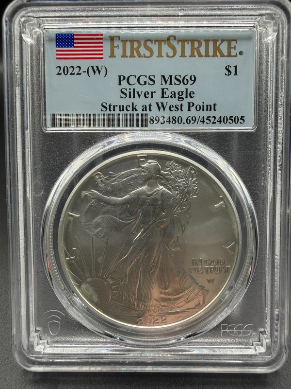2022-w $1 SILVER EAGLE PCGS MS69 FIRST STRIKE STRUCK AT WEST POINT FLAG LABEL