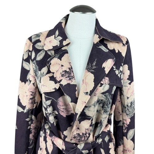 Women's Solitaire Trench Coat Floral Belted Open Front Cardigan Long Jacket S - Picture 2 of 9