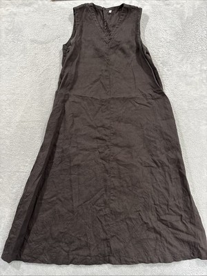 Muji Maxi Dress Women S Brown Vneck Linen Lagenlook Pockets Boho Summer  Natural | eBay