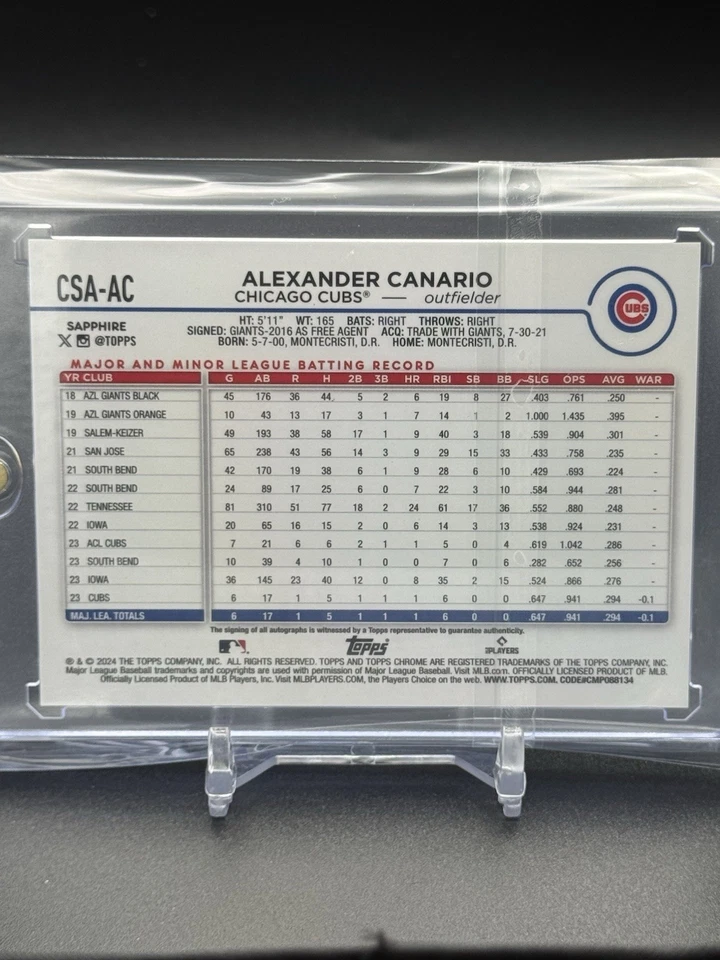 2024 Topps Chrome Sapphire - #CSA-AC Alexander Canario Orange Rookie Auto /25 - Image 2 of 2