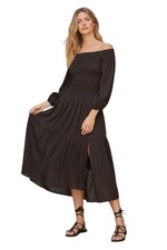 ASTR the Label Utopia Midi Dress Women's XS Black Off Shoulder Smocked Bodice