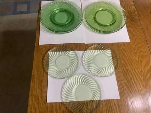 Green Swirl Depression 6- 8" Uranium Glass Salad Plates and 3 Saucers Total-9