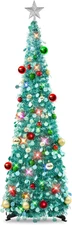 Pop up Christmas Tree with Lights & 30 Balls, 5Ft Collapsible Lake Blue Tinsel X