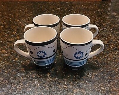 SET (4) Tabletops Gallery 14 oz FRESCO Hand Painted Blue & White Coffee Mugs  | eBay